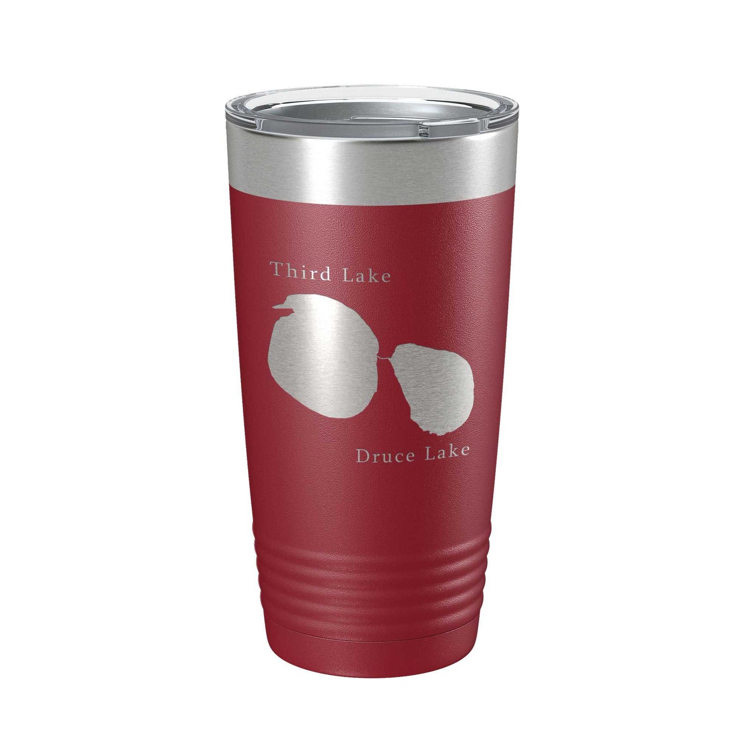 Red stainless steel travel tumbler with laser engraved Third and Druce Lakes map, clear lid, and insulated design.