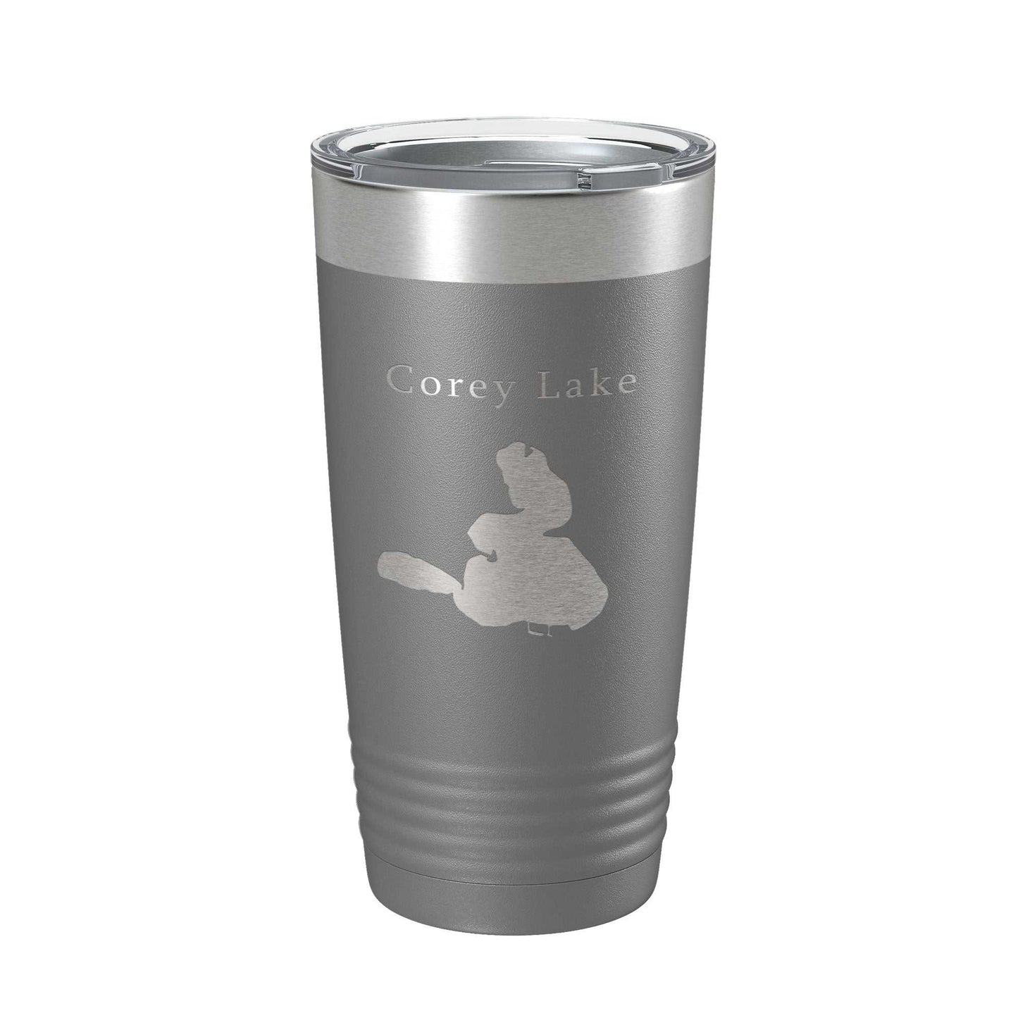 Gray Corey Lake Map insulated stainless steel travel tumbler with clear lid, 20 oz capacity