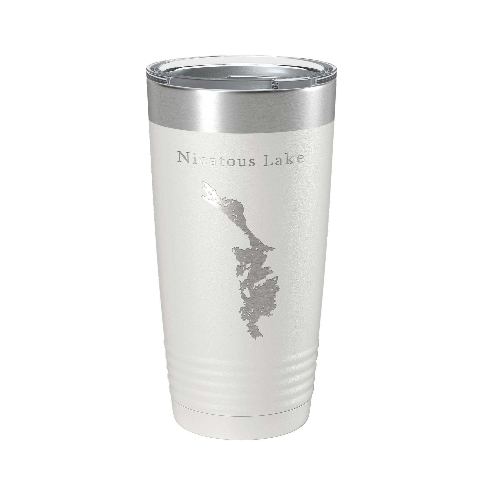 Stainless steel Nicatous Lake map tumbler travel mug with insulated double-wall and clear lid, 20 oz capacity