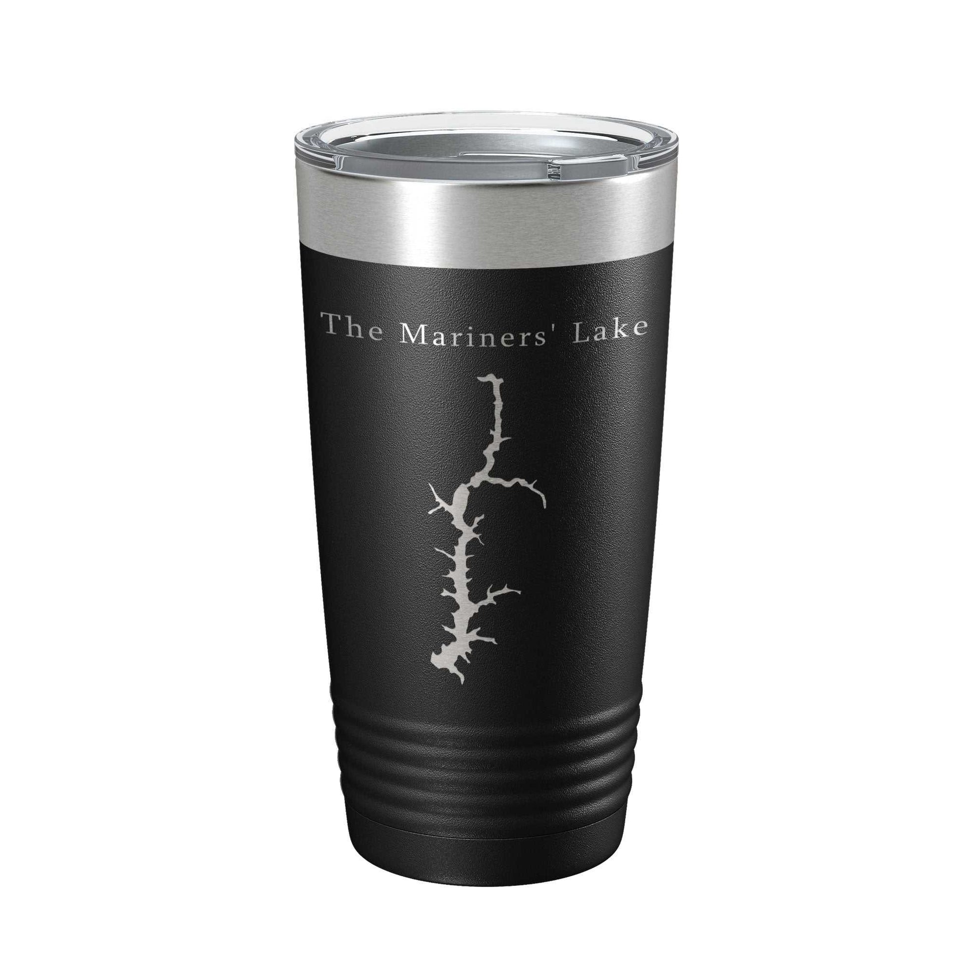 Black stainless steel insulated tumbler with Mariners' Lake map laser engraved and clear lid, 20 oz travel coffee mug