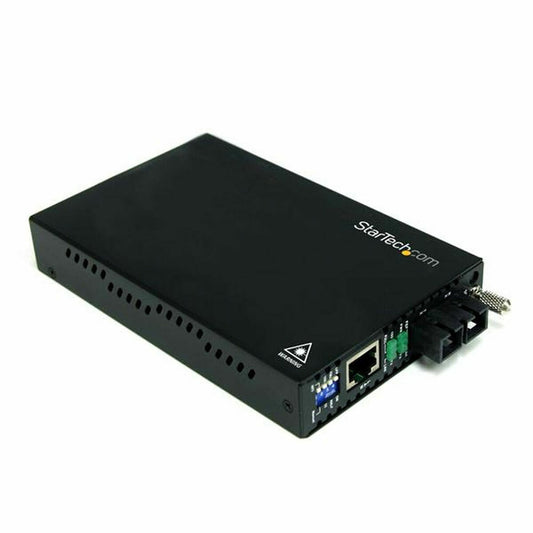 Black multimode media converter Startech ET90110SC2 with SC and RJ45 connections for wired Ethernet LAN.