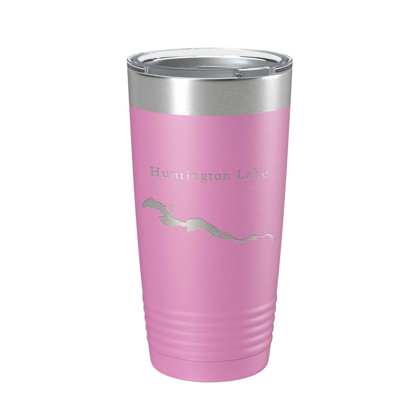 Pink Huntington Lake map tumbler travel mug with laser engraved design and clear lid, insulated stainless steel coffee cup 20 oz