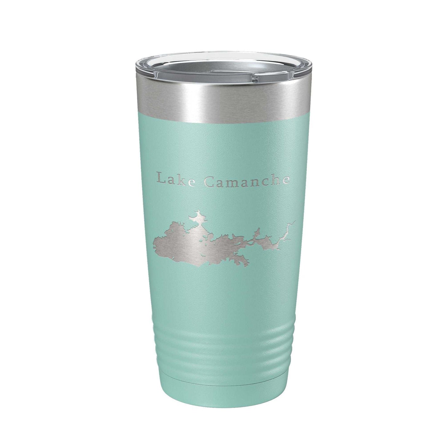 Lake Camanche map laser engraved insulated stainless steel travel tumbler with clear lid, 20 oz capacity