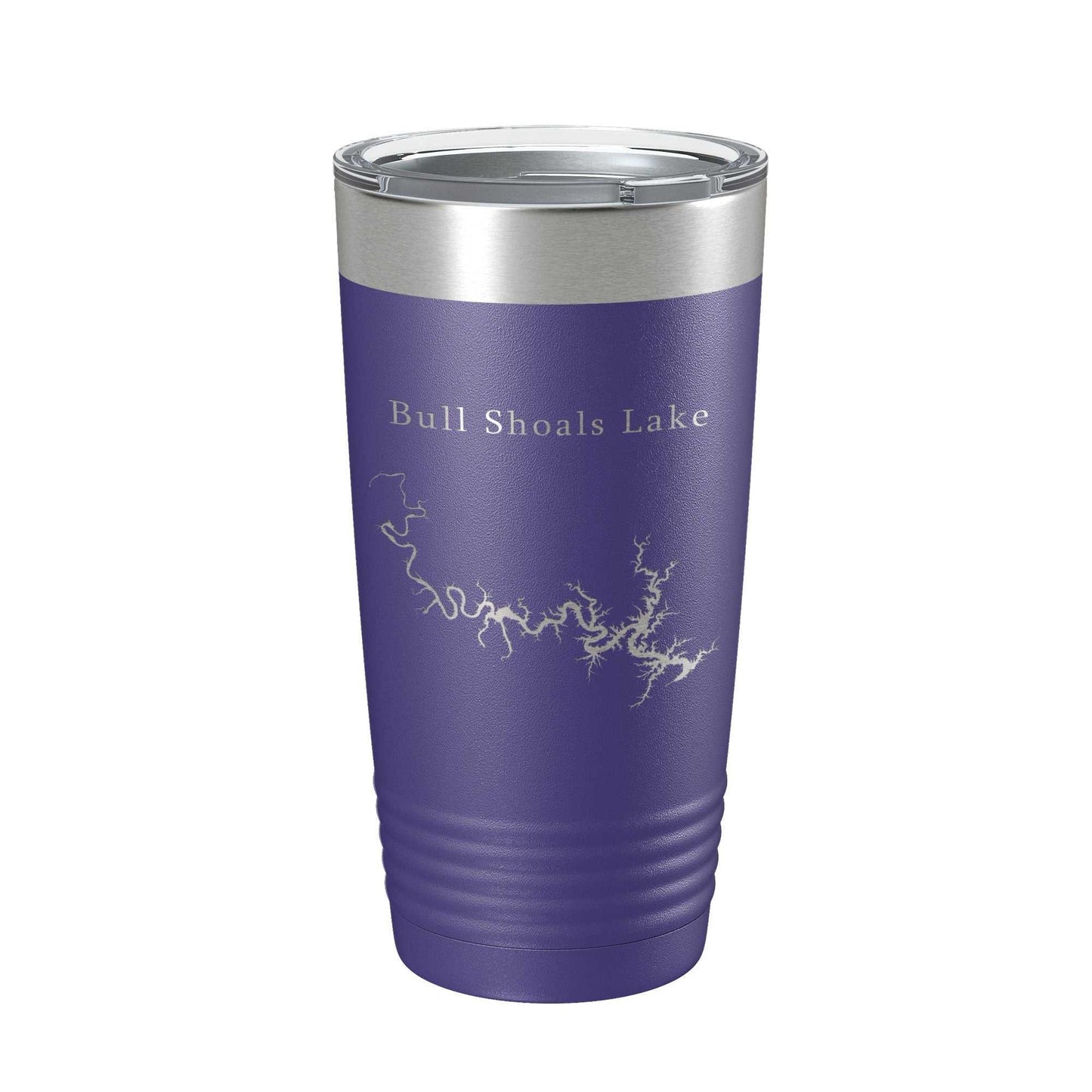 Purple Bull Shoals Lake map laser engraved insulated stainless steel travel tumbler with clear lid, 20 oz capacity.