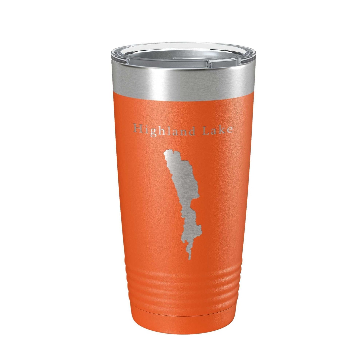 Orange Highland Lake Map Tumbler travel mug with laser-engraved lake design, insulated stainless steel, clear lid, 20 oz capacity