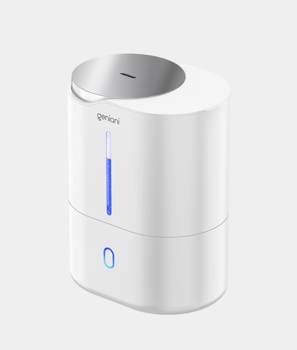 White bedroom humidifier with blue water level indicator and top-fill design for easy refilling and LED night light feature