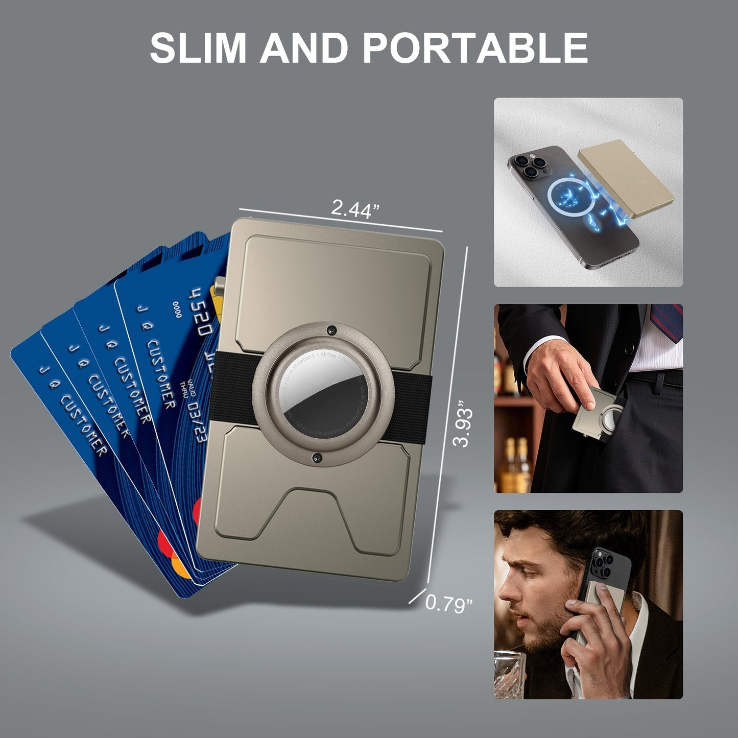 All-aluminum pop up slide RFID slim card holder wallet with detachable Airtag holder, compact and portable design for quick access and secure card protection