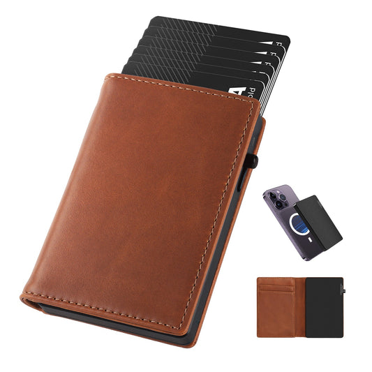 Brown genuine leather aluminum alloy wallet with pop-up card holder and RFID blocking for men