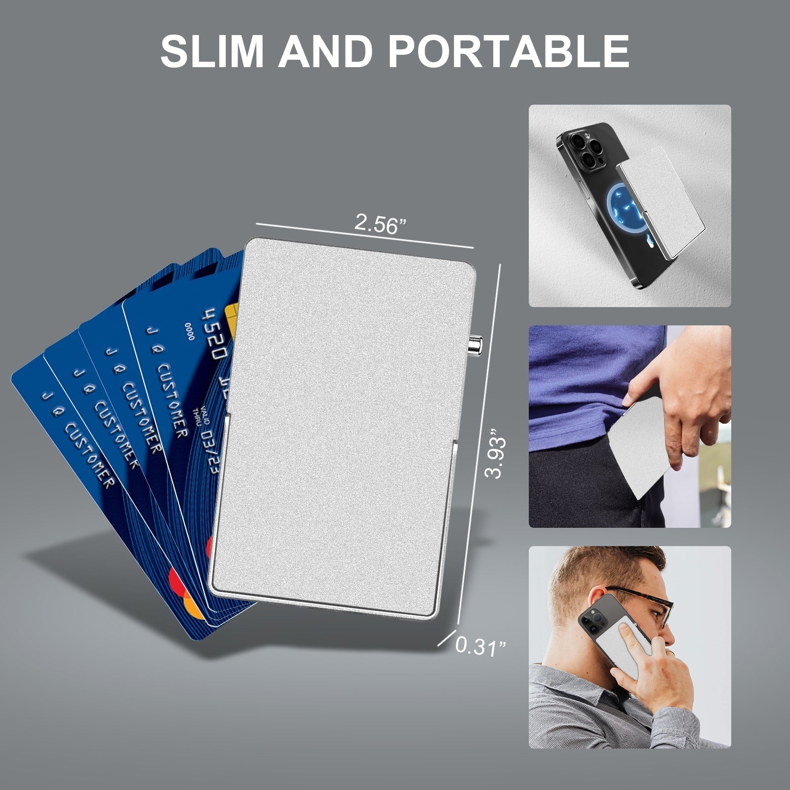 Slim RFID blocking metal wallet card holder with magnetic Magsafe compatibility and adjustable stand for men, minimalist design fits phone back and pockets.
