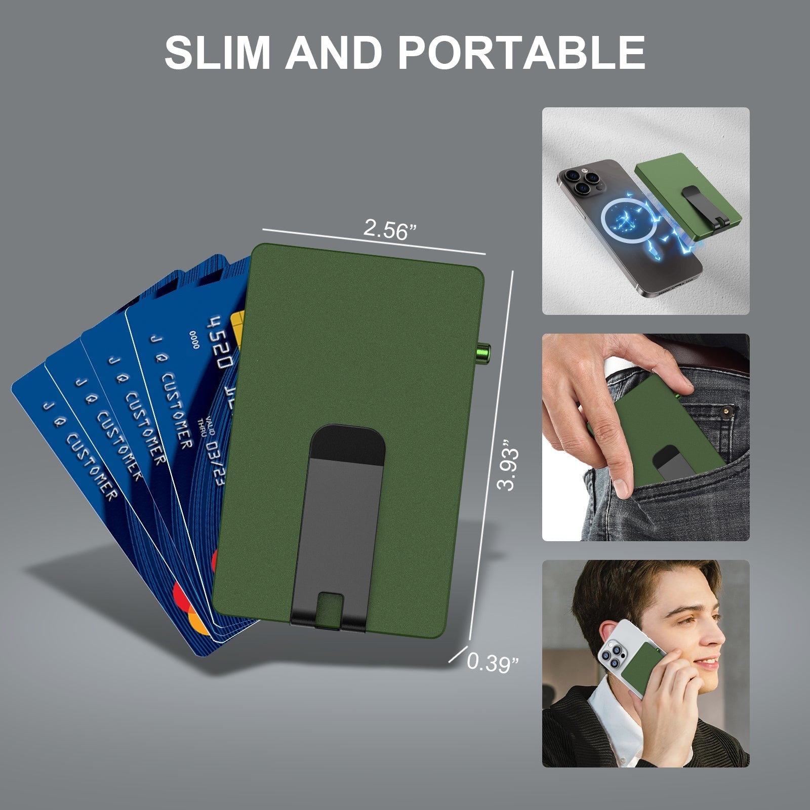 Minimalist pop up wallet with money clip, slim aluminum RFID card holder, portable and magnetic for phone attachment.
