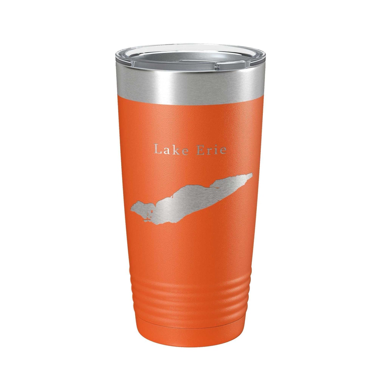 Orange insulated travel tumbler with laser engraved Lake Erie map and clear lid, 20 oz stainless steel coffee cup