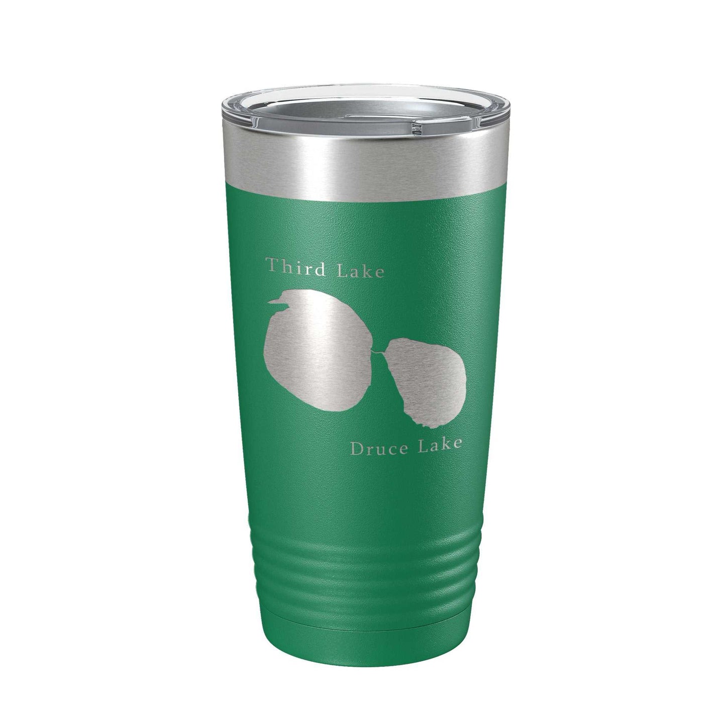 Green stainless steel insulated tumbler with laser-engraved Third and Druce Lakes map and clear lid.