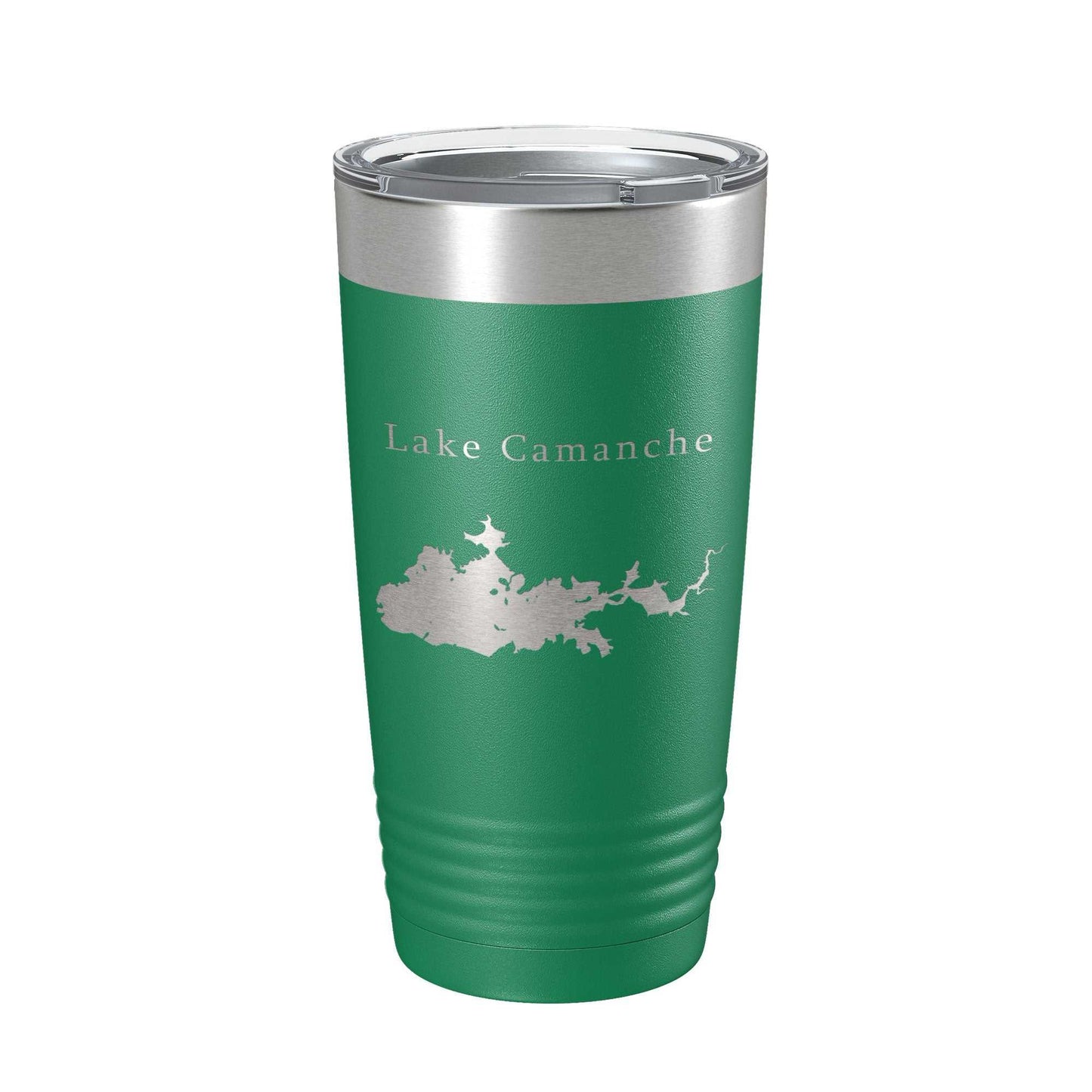 Green Lake Camanche Map insulated stainless steel travel tumbler with clear lid and laser-etched design