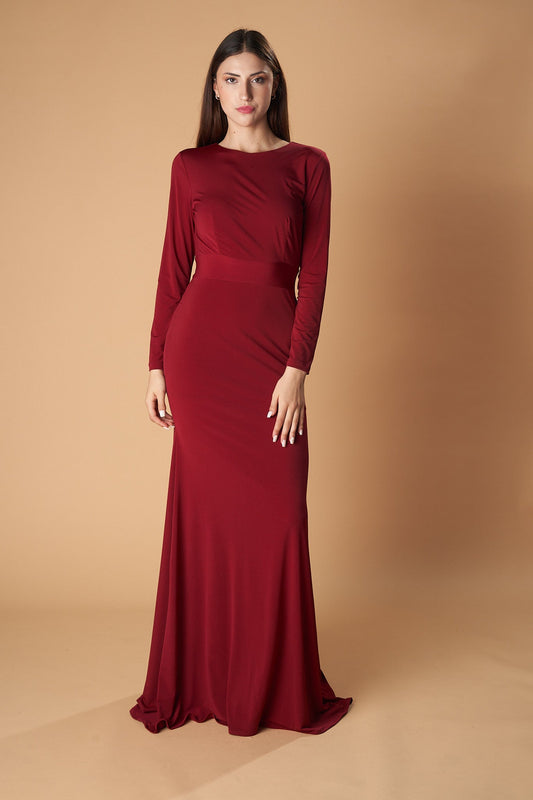 Elegant long-sleeve burgundy evening gown Vestido VERONA with boat neckline and fitted waist