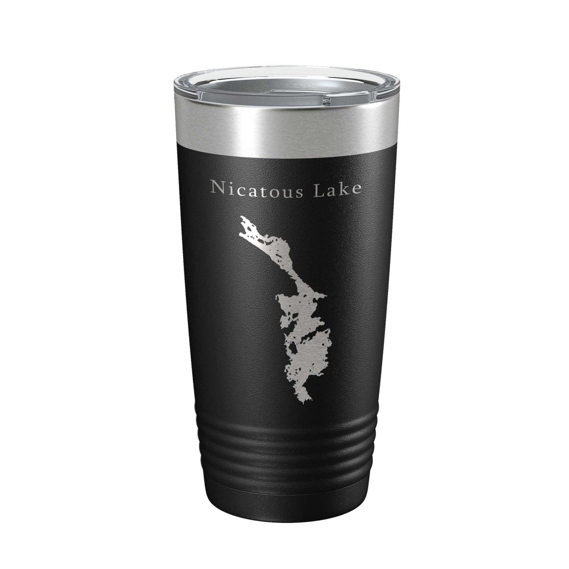 Nicatous Lake map laser engraved black stainless steel insulated travel mug with clear lid, 20 oz capacity