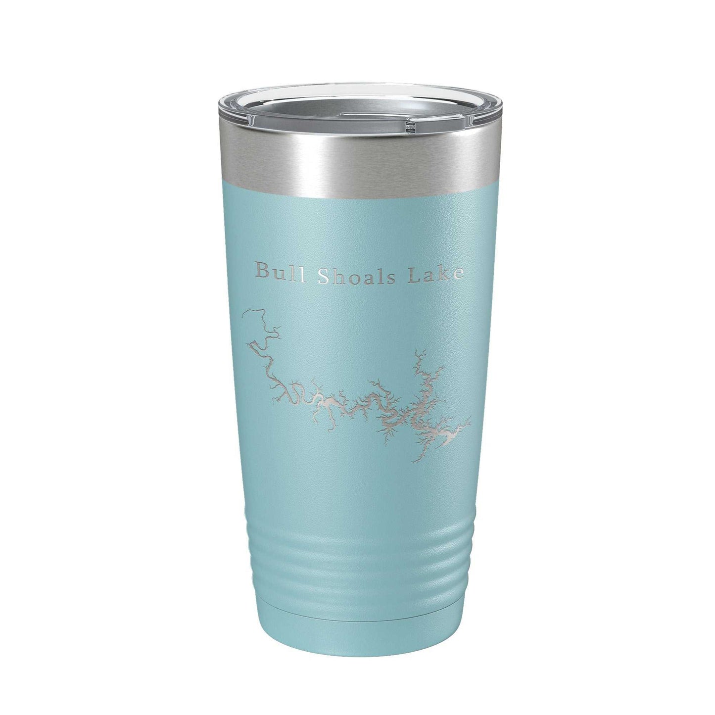 Bull Shoals Lake map laser engraved insulated stainless steel tumbler travel mug with clear lid, 20 oz capacity