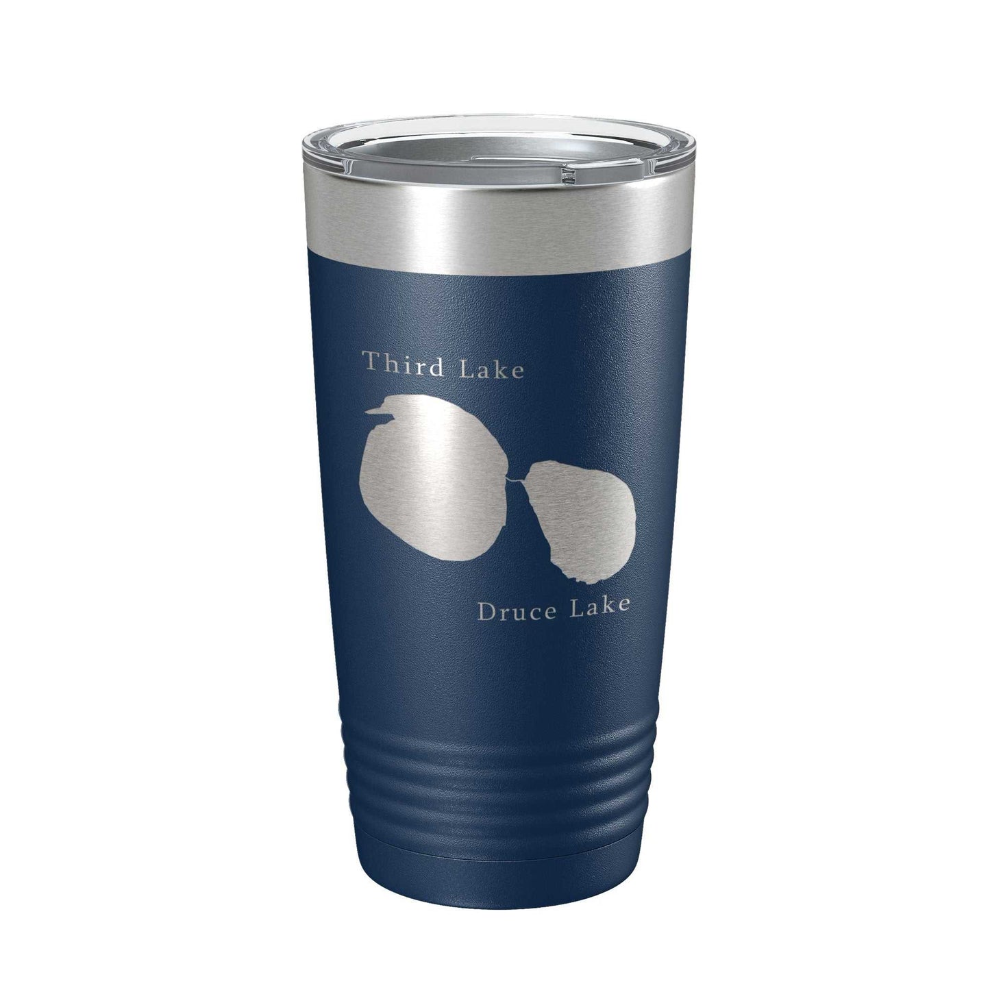 Insulated navy blue stainless steel tumbler with laser engraved Third and Druce Lakes map, clear lid, and double-wall vacuum insulation.