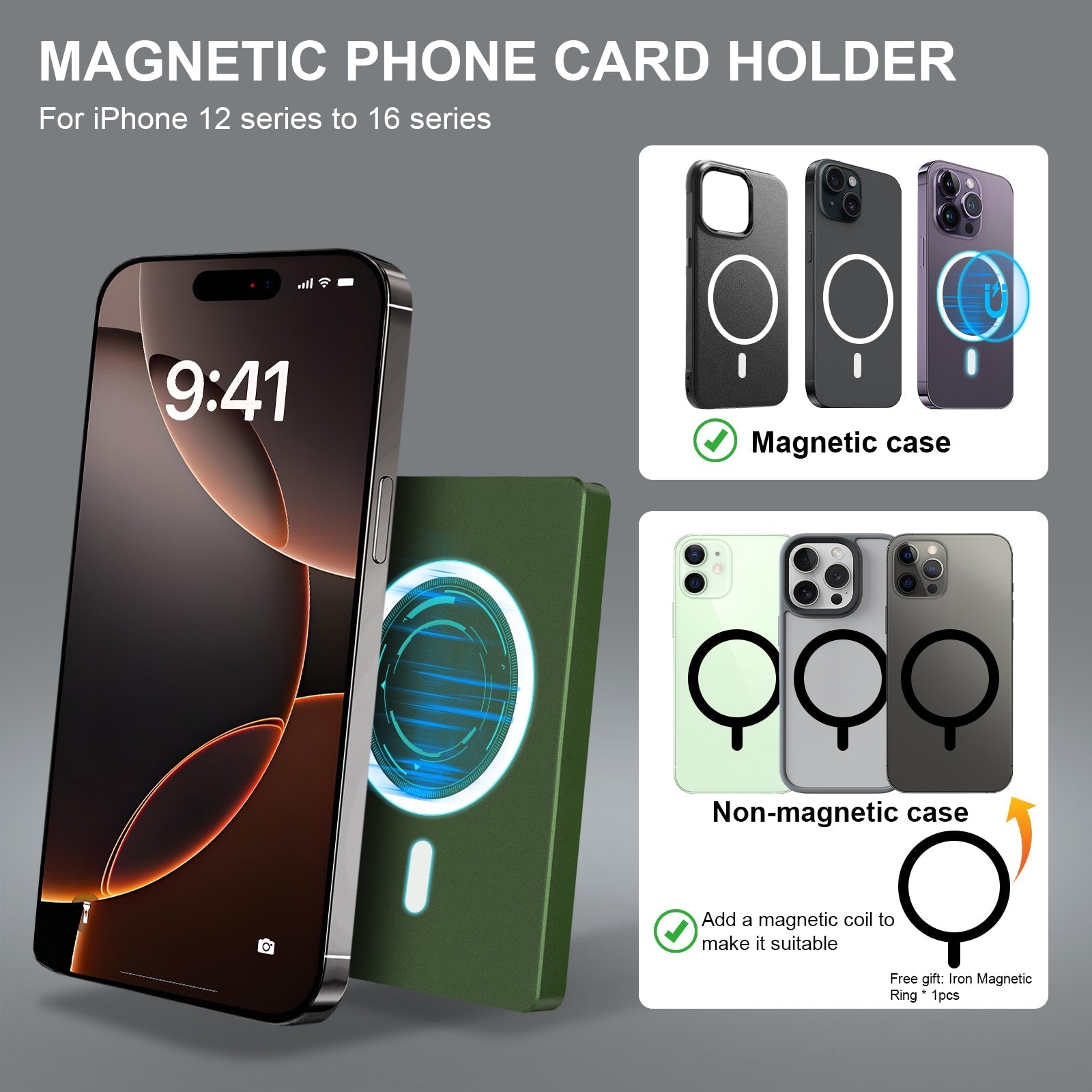 Minimalist pop up wallet magnetic phone card holder compatible with iPhone 12 to 16 series, slim aluminum RFID blocking card case with money clip.