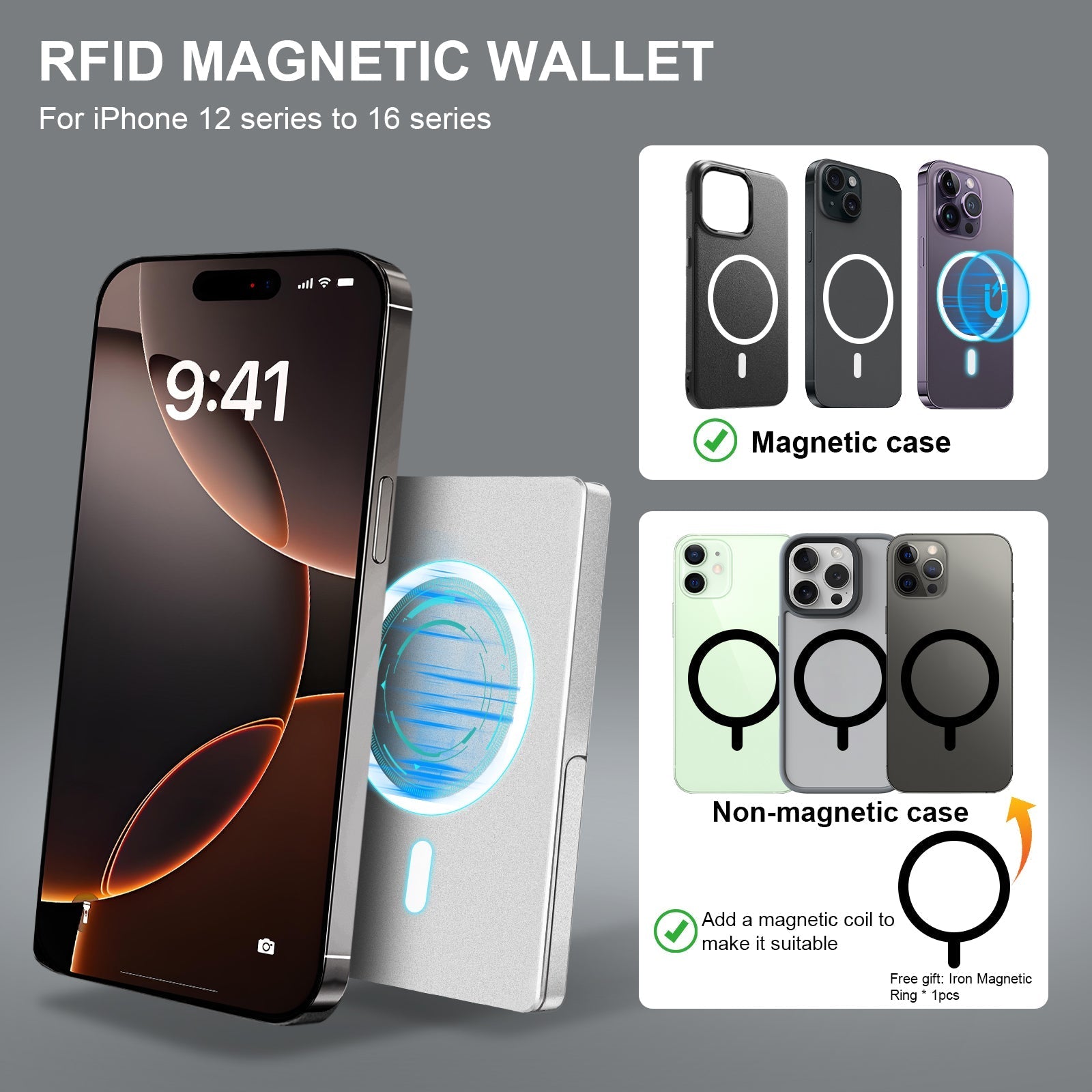 Slim RFID blocking metal wallet with magnetic attachment and adjustable stand for iPhone 12 to 16 series, minimalist card holder with secure pop-up feature.