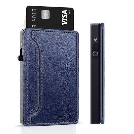 TOYFID blue PU leather and aluminum alloy pop-up wallet holder with RFID blocking and quick access card feature