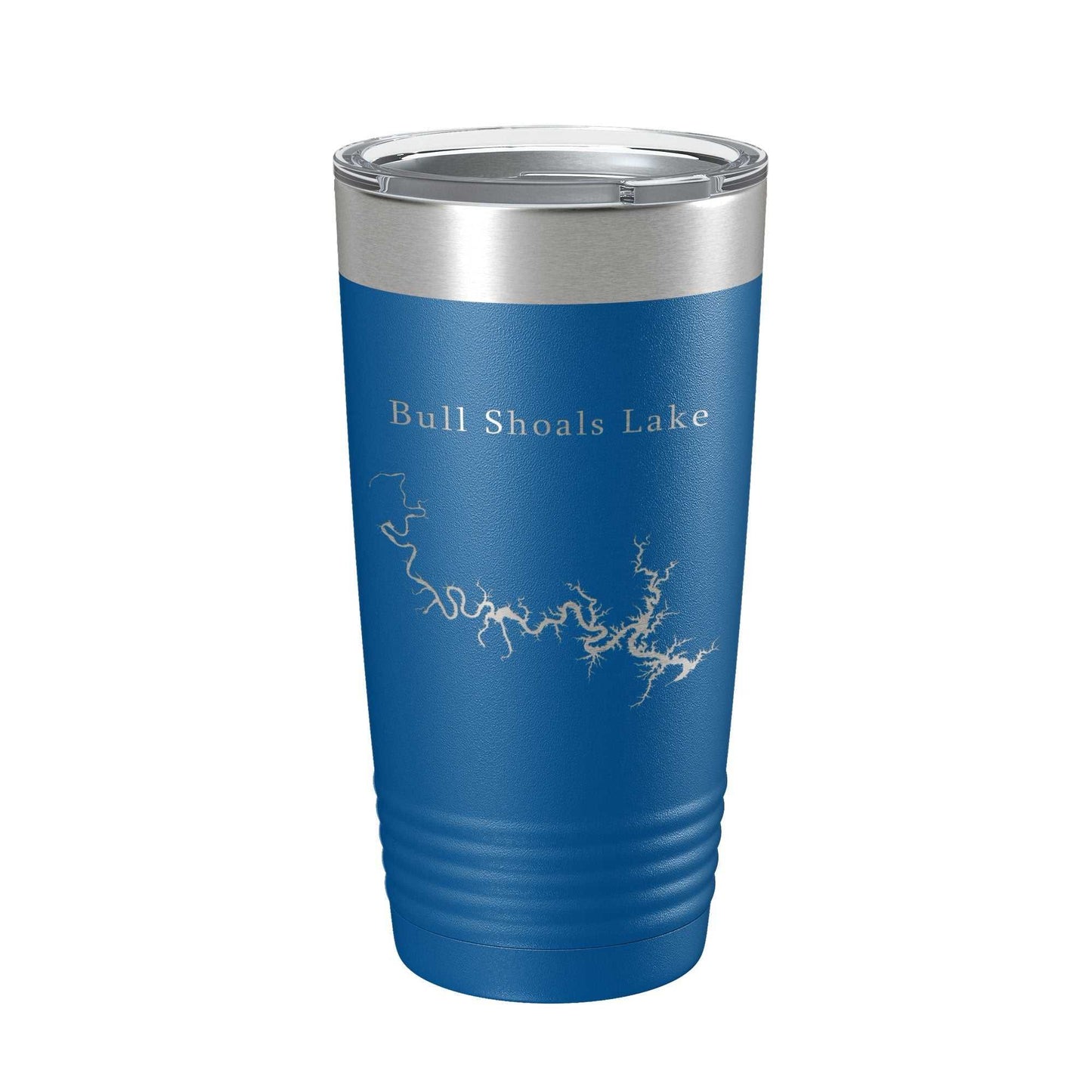 Blue insulated travel tumbler with laser engraved Bull Shoals Lake map and clear lid, 20 oz stainless steel coffee cup.