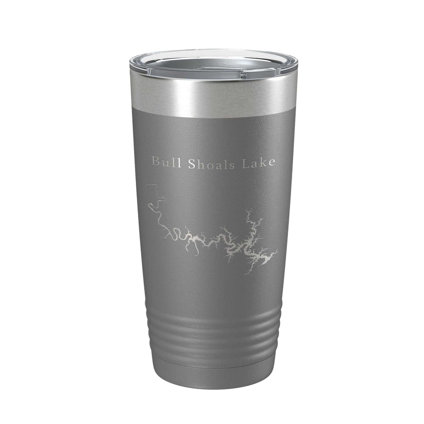 Bull Shoals Lake Map laser engraved insulated stainless steel travel tumbler with clear lid, 20 oz capacity