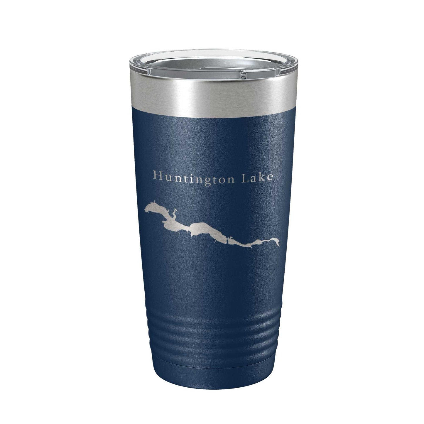 Blue Huntington Lake map insulated stainless steel travel tumbler with clear lid, 20 oz capacity