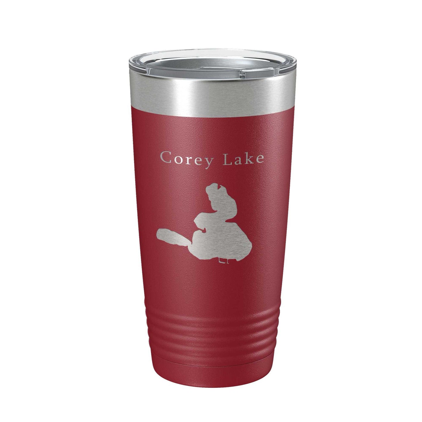 Corey Lake Map laser engraved insulated stainless steel tumbler travel mug with clear lid, 20 oz capacity, red powder coat finish