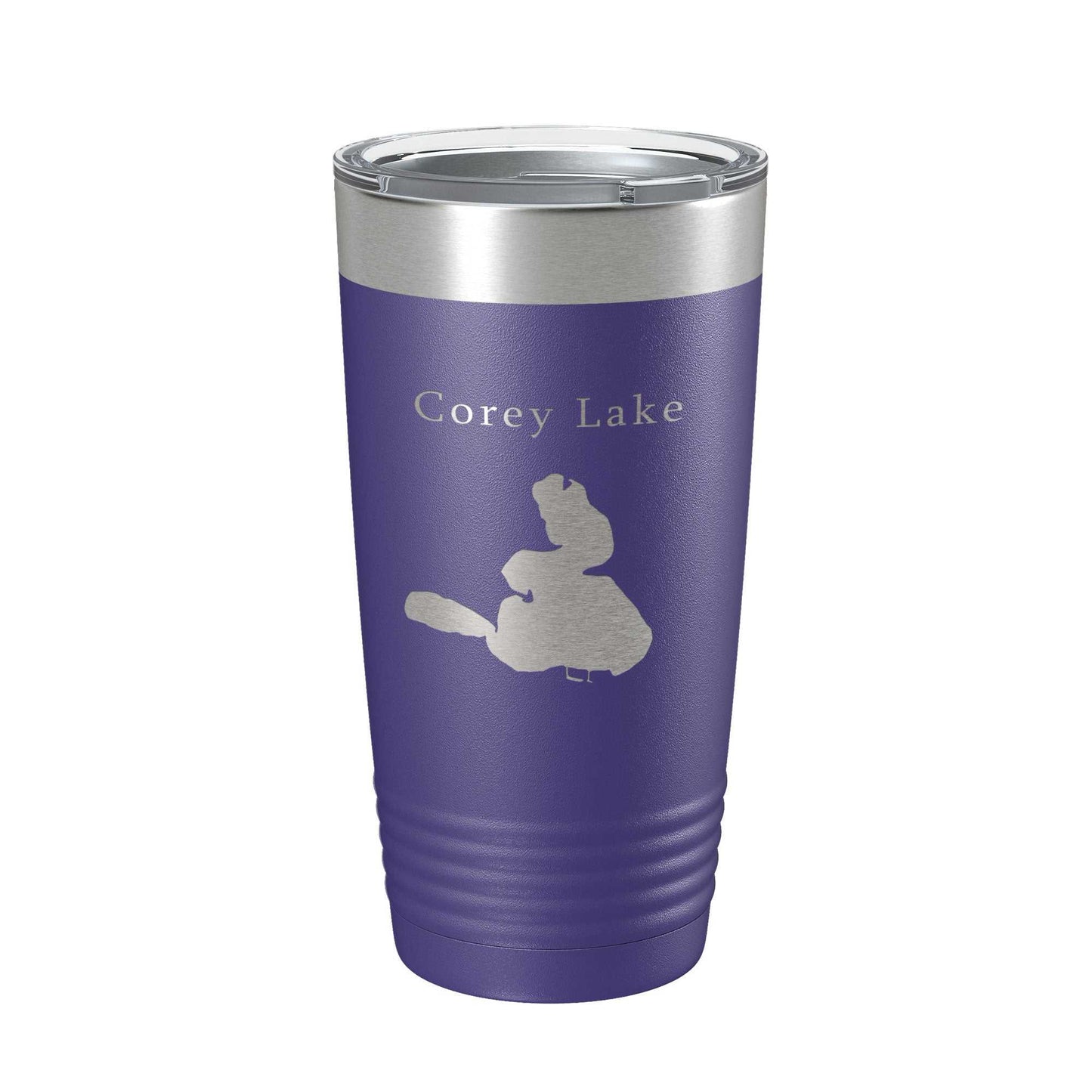 Corey Lake Map laser engraved insulated stainless steel travel tumbler with clear lid and 20 oz capacity