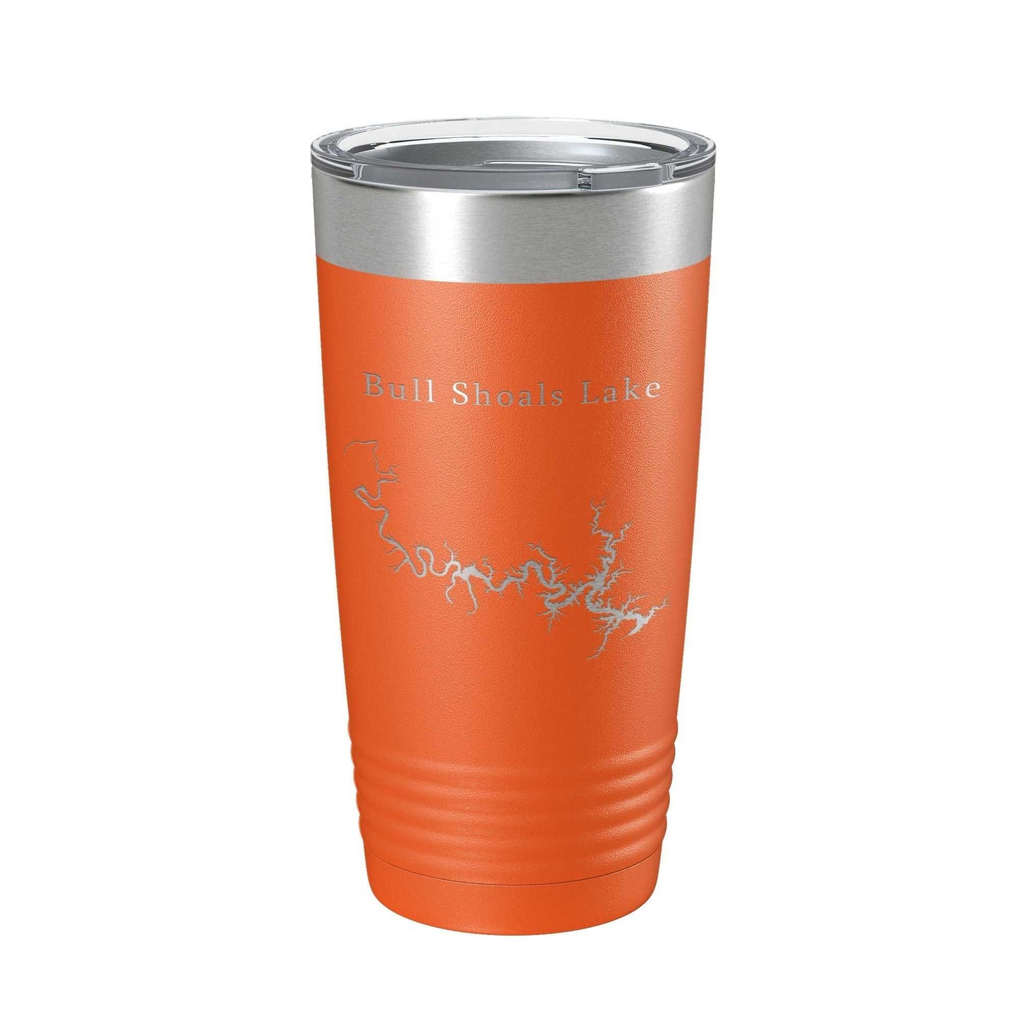Orange Bull Shoals Lake map tumbler travel mug with laser engraved design, stainless steel, insulated, 20 oz capacity