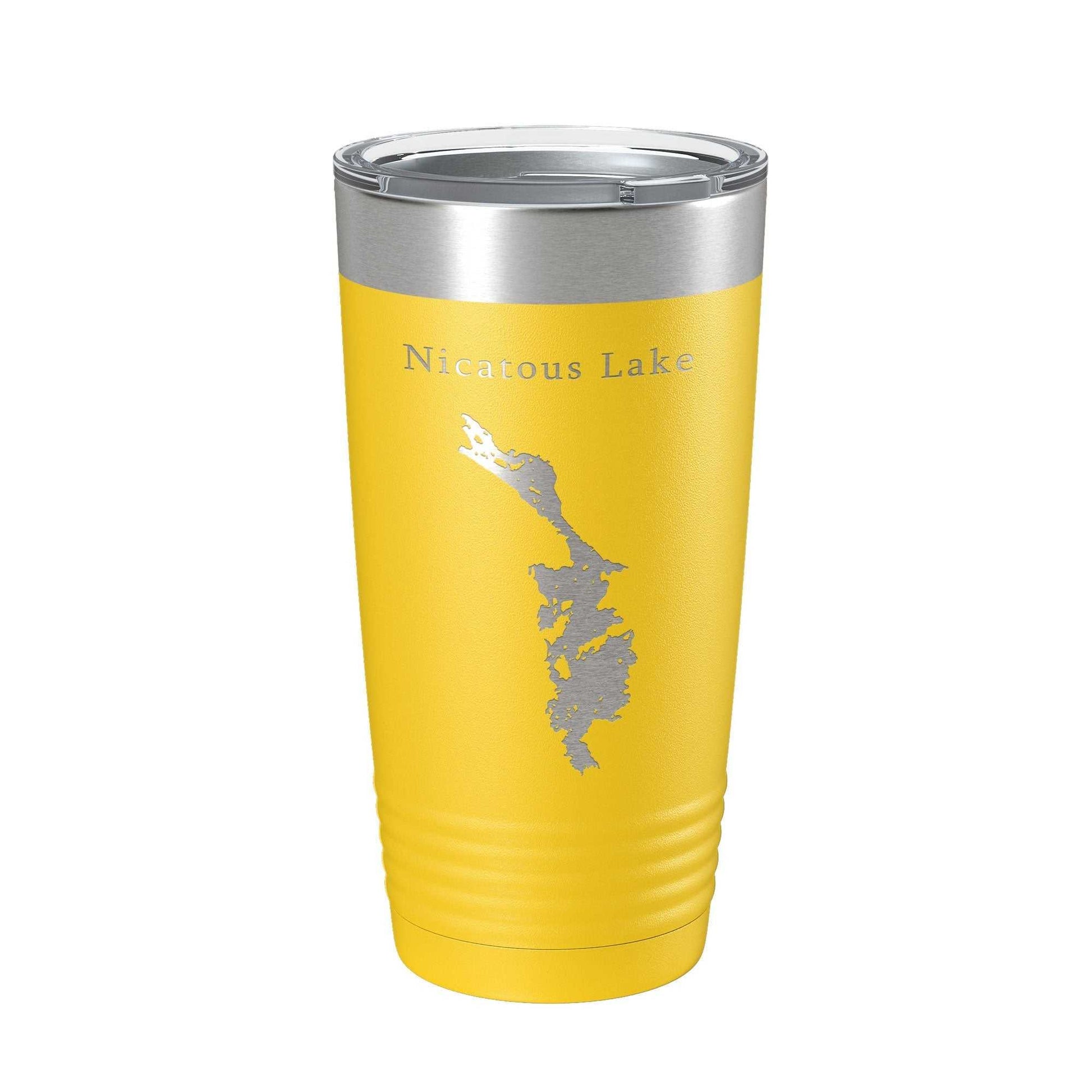 Yellow Nicatous Lake map tumbler travel mug with laser engraved design and clear lid, 20 oz insulated stainless steel cup