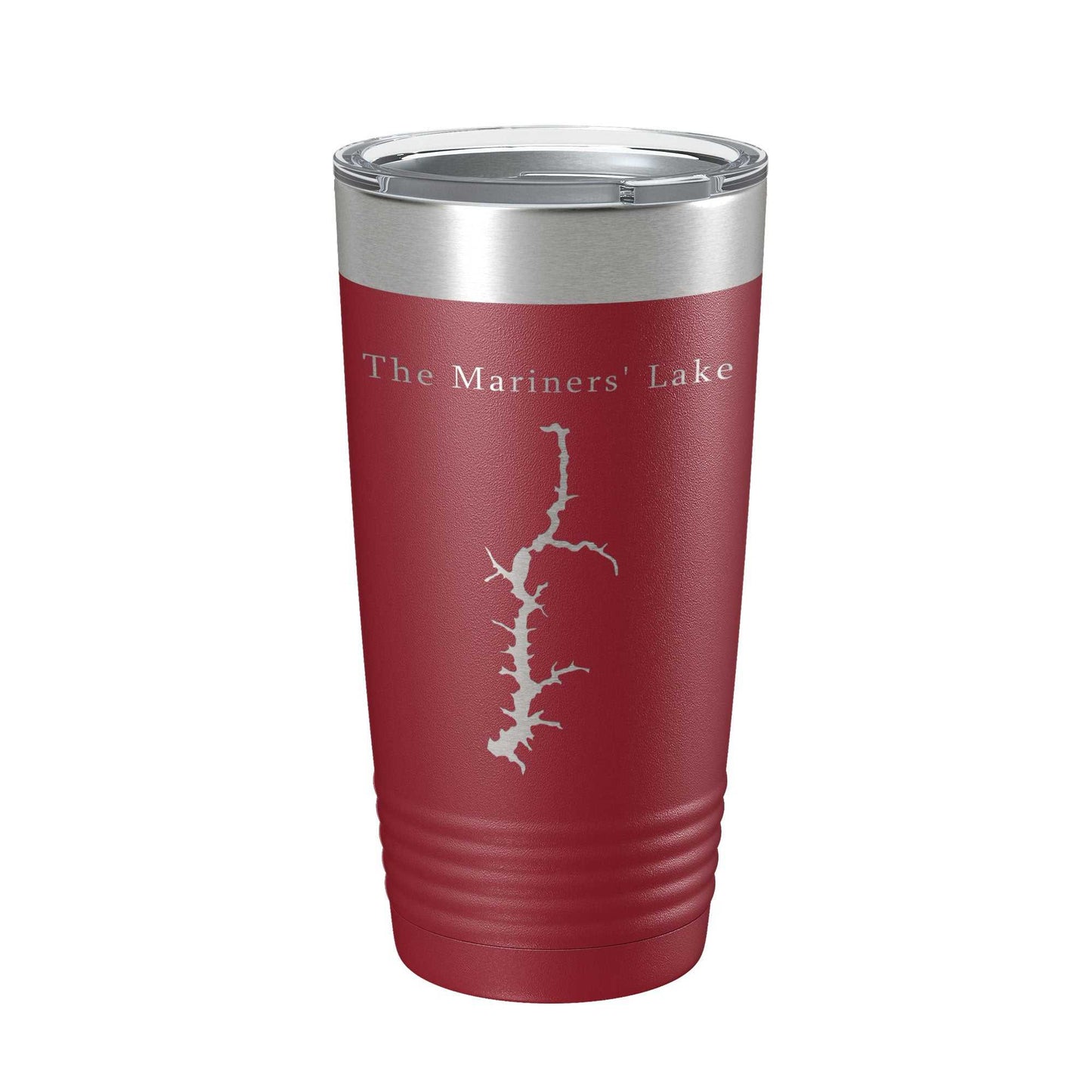 Red insulated travel tumbler with laser-engraved Mariners' Lake map and clear lid, 20 oz stainless steel mug.