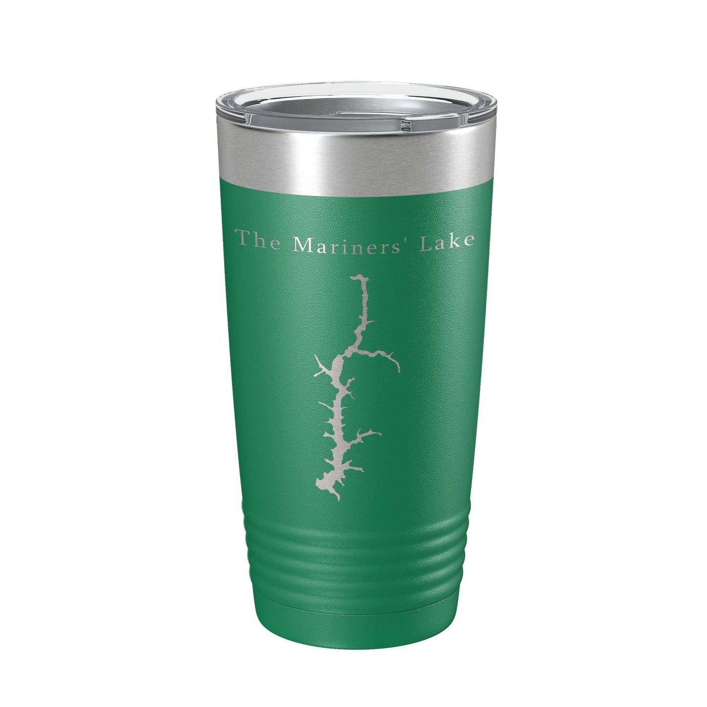 Green insulated travel mug with Mariners' Lake map laser engraved, clear lid, and stainless steel rim, 20 oz capacity