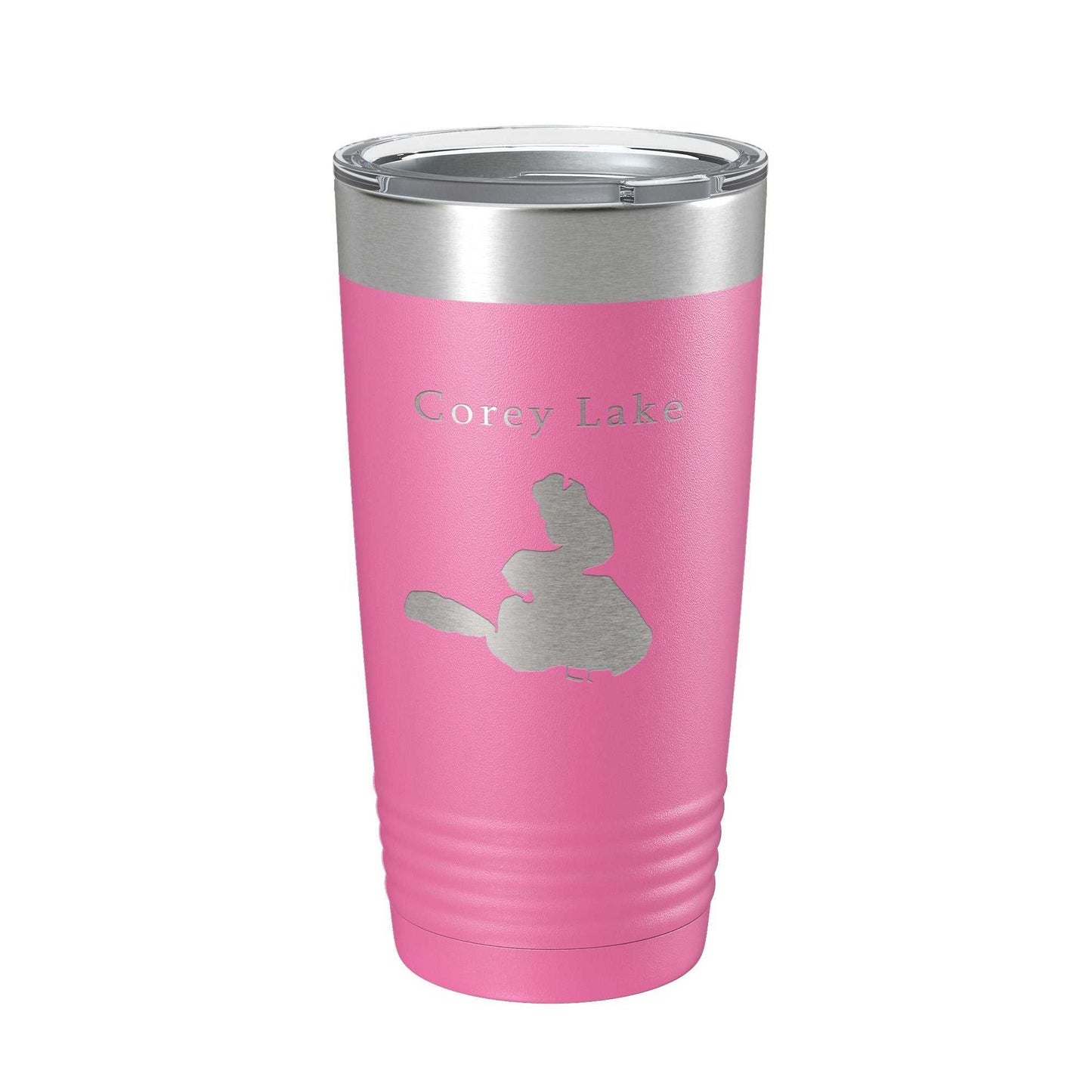 Pink Corey Lake Map insulated stainless steel travel tumbler with clear lid and laser engraved design, 20 oz capacity