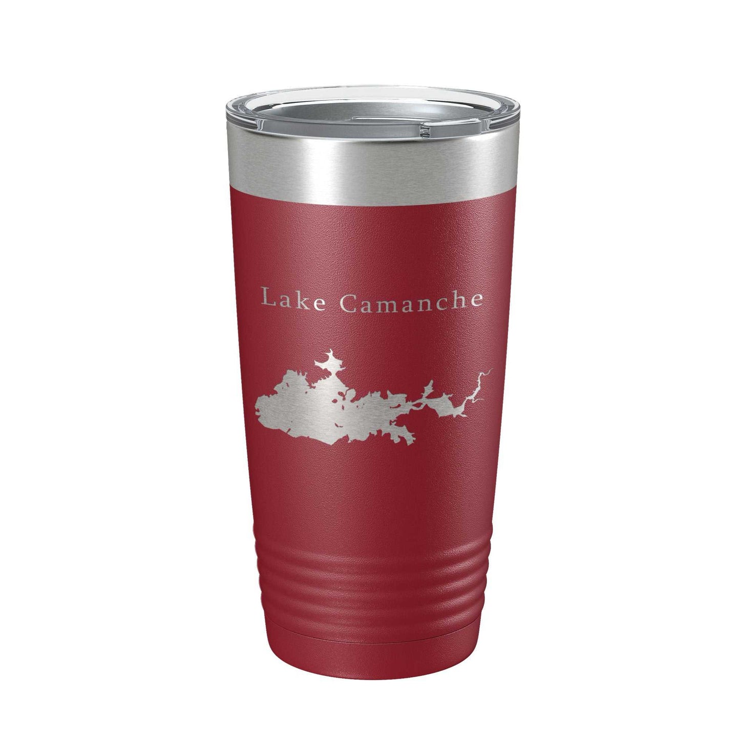 Red stainless steel insulated travel mug with laser-etched Lake Camanche map and clear lid, 20 oz capacity