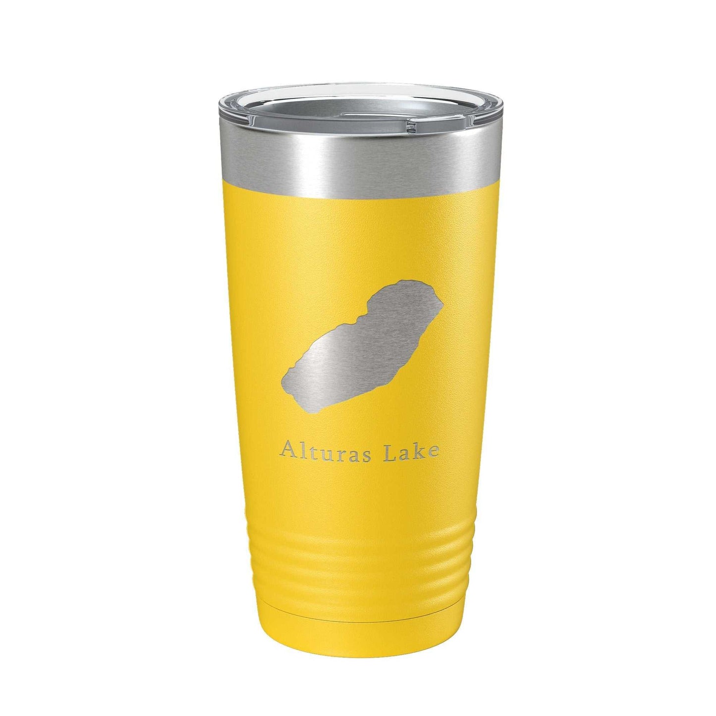 Yellow Alturas Lake Map Tumbler insulated stainless steel travel mug with clear lid and laser etched design