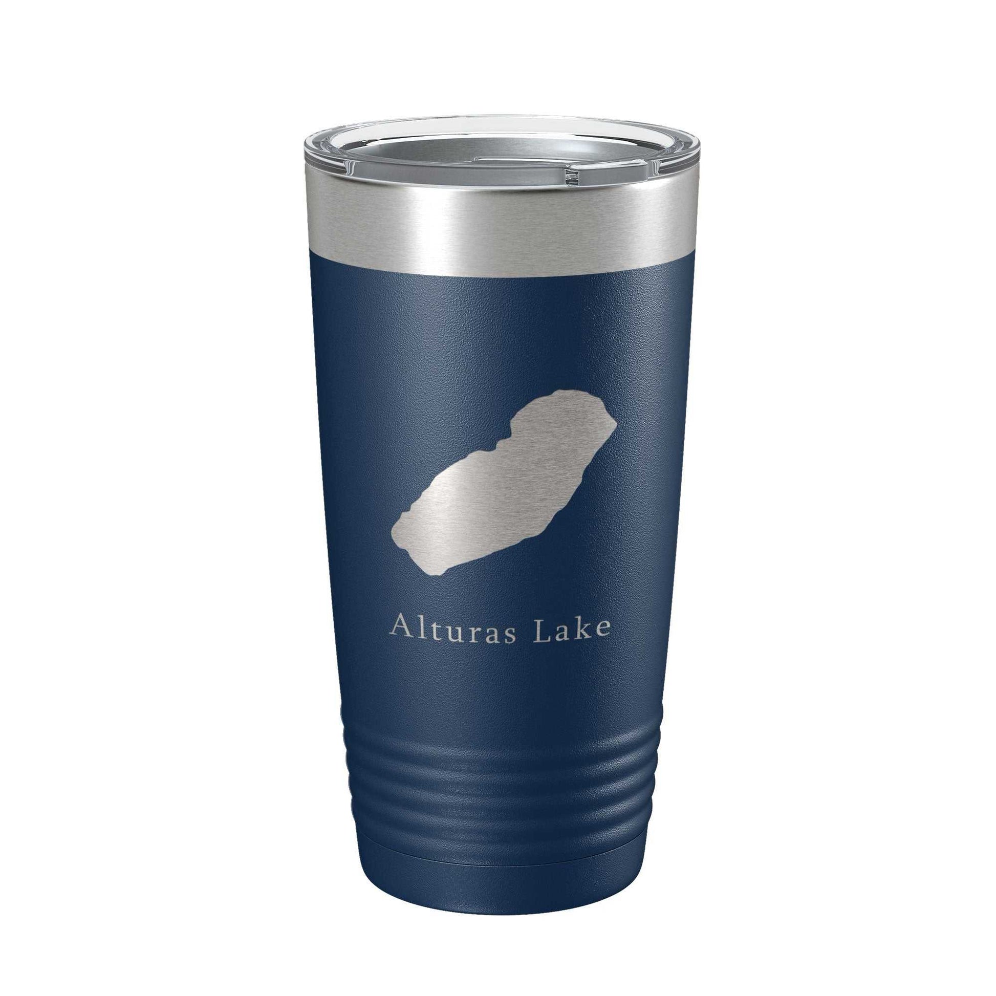 Alturas Lake Map Tumbler travel mug with laser-etched design, insulated stainless steel, 20 oz capacity, clear lid with straw hole, navy blue.