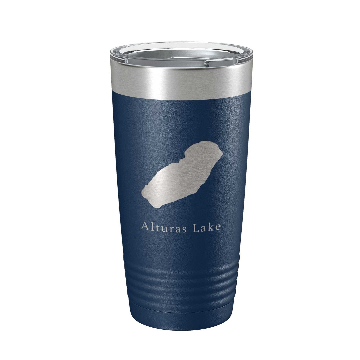 Alturas Lake Map Tumbler travel mug, insulated stainless steel coffee cup with laser-etched lake design, 20 oz capacity