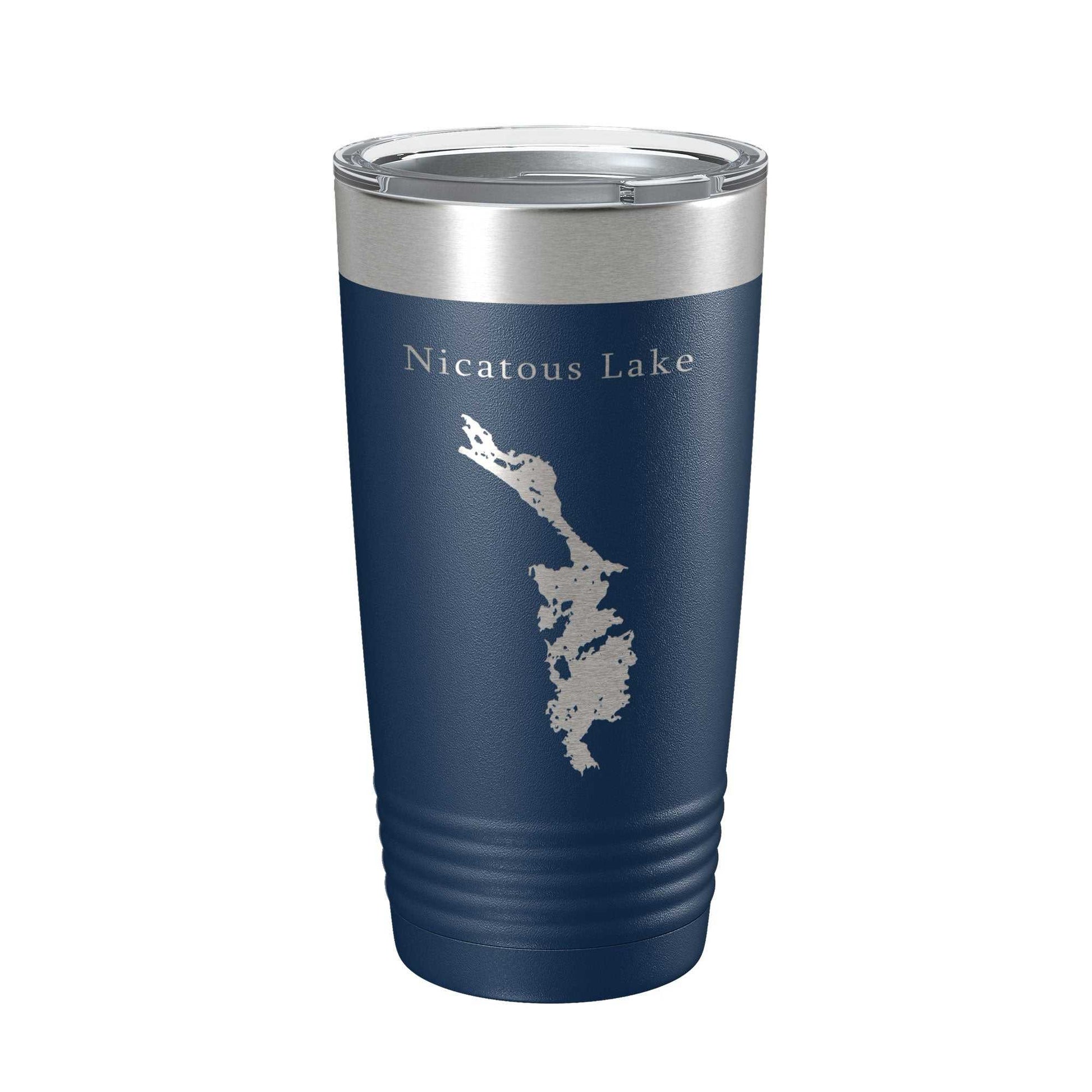 Navy blue 20 oz insulated travel mug with laser-etched Nicatous Lake map and clear lid