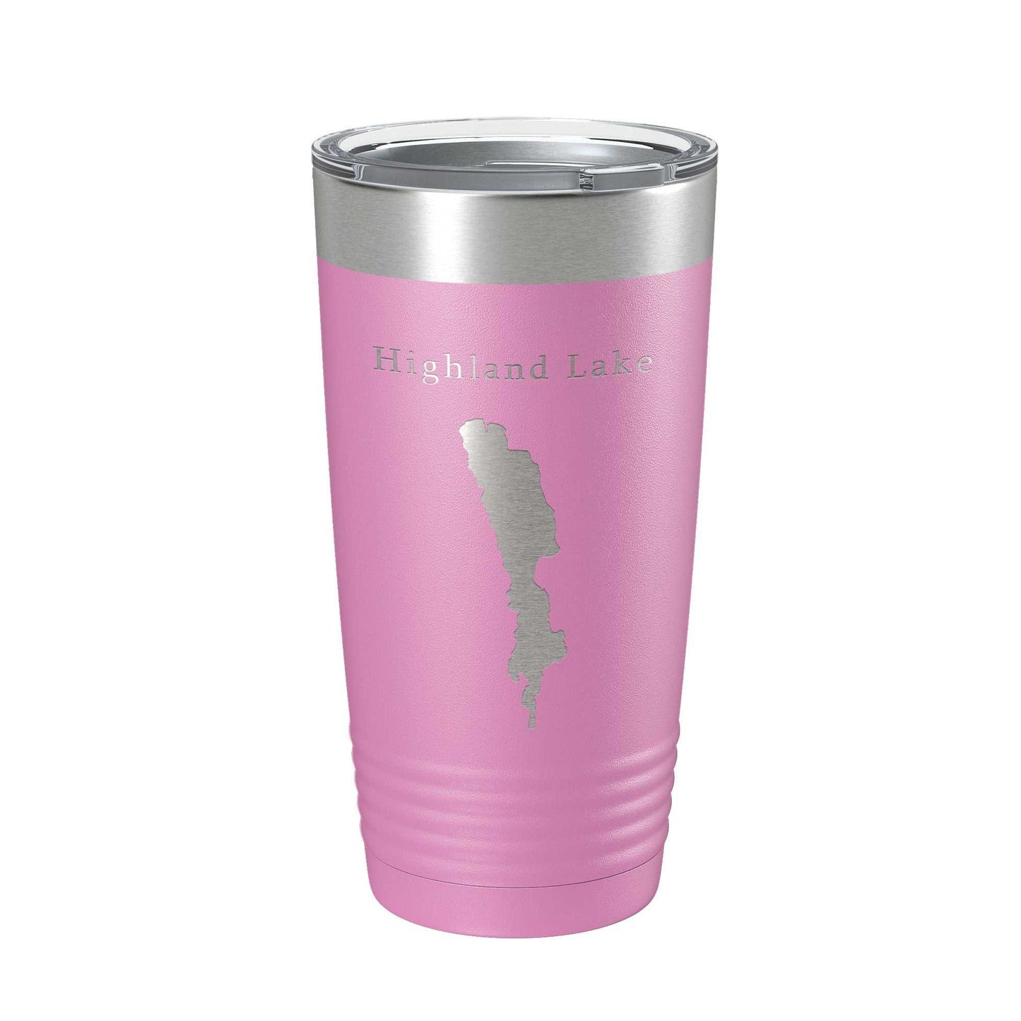 Pink Highland Lake Map Tumbler travel mug with laser engraved stainless steel design and clear lid, 20 oz insulated coffee cup