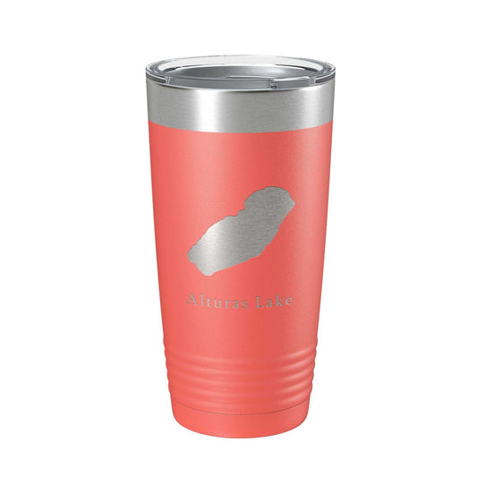 Alturas Lake Map Tumbler 20 oz insulated stainless steel travel mug with laser-etched design and clear lid