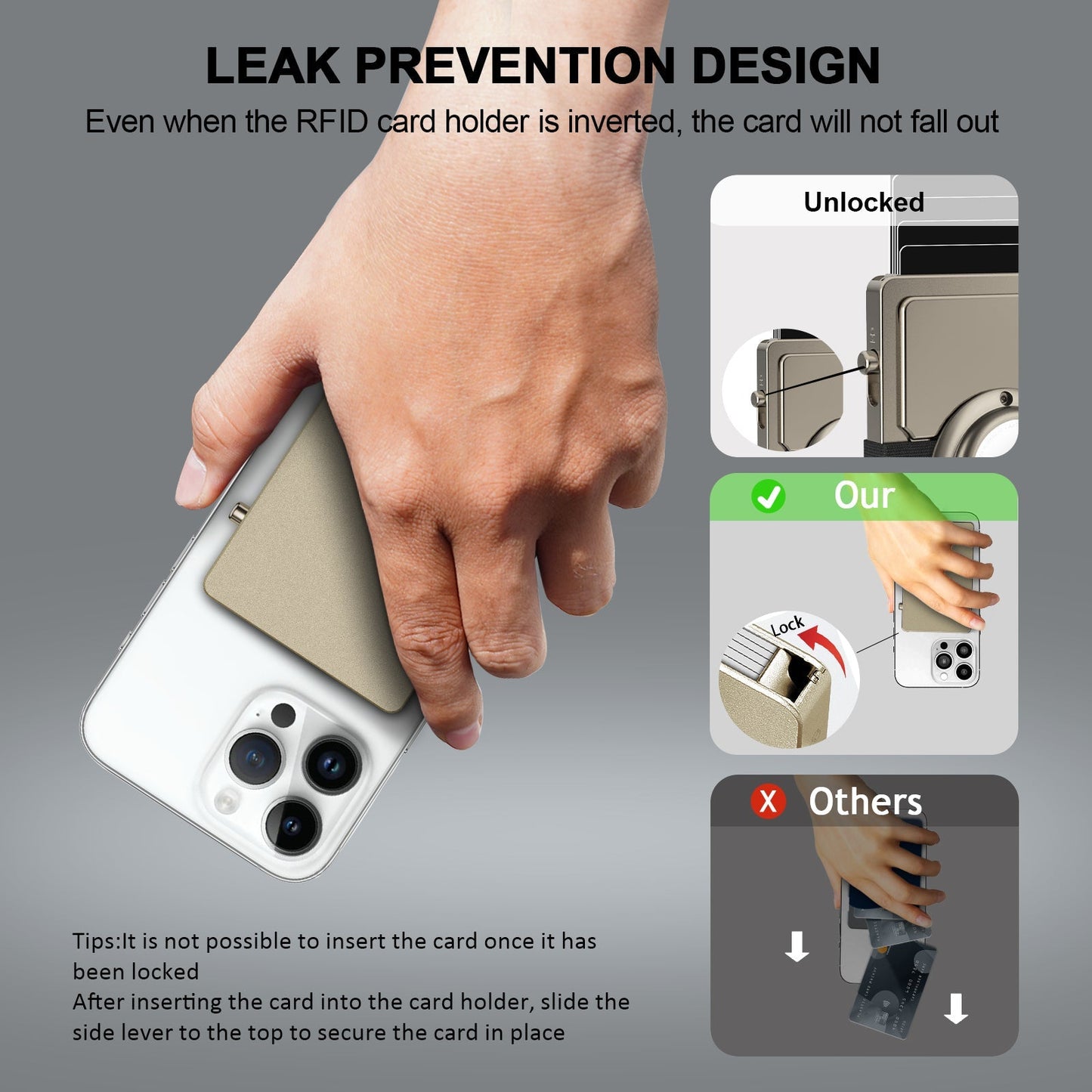Hand holding TOYFID all-aluminum pop up slide RFID slim card holder wallet attached to a smartphone, showcasing leak prevention design and secure card locking mechanism.