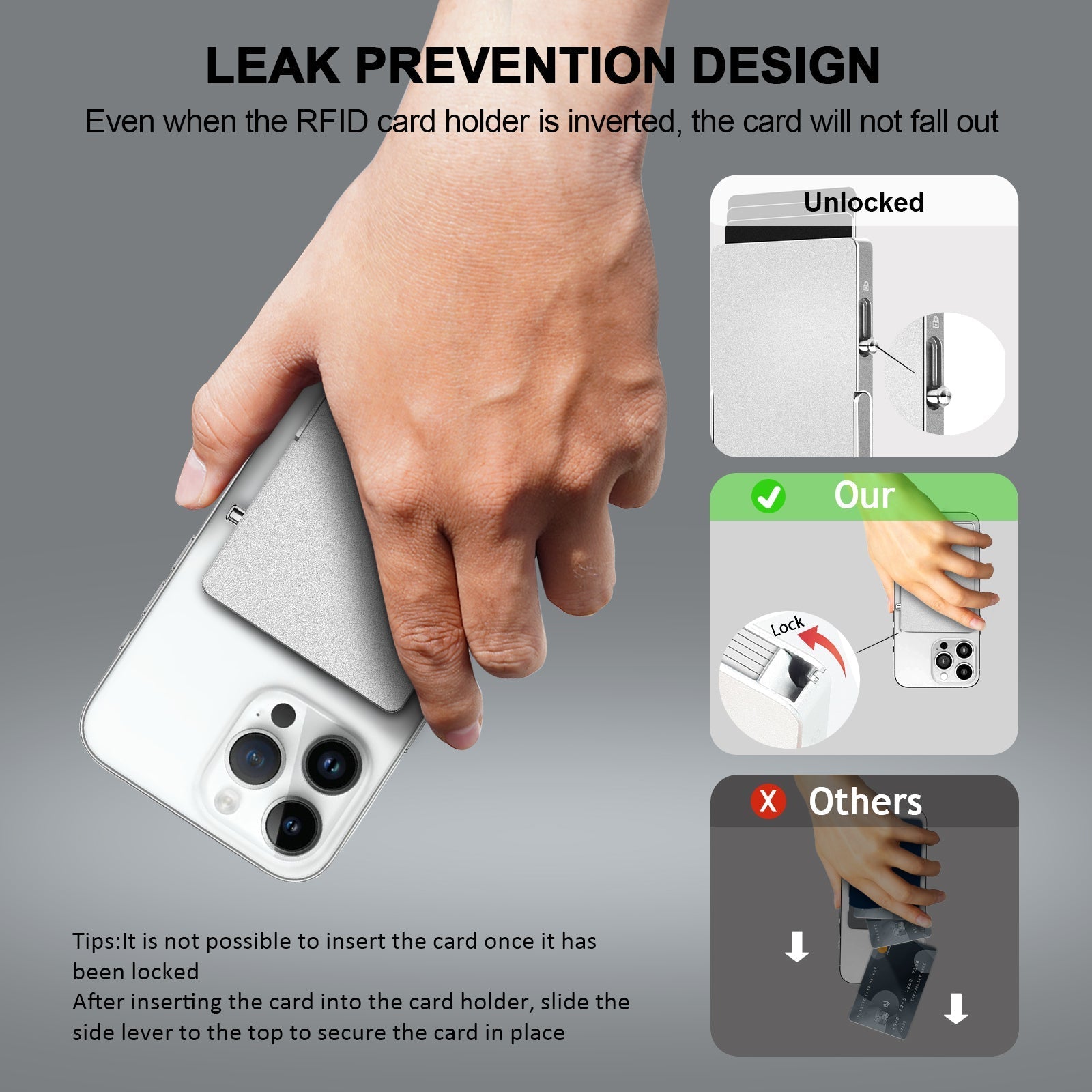 RFID blocking minimalist slim metal card holder with adjustable stand and leak prevention design attached to phone back
