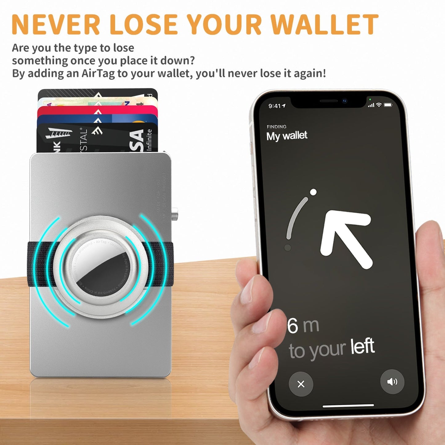 All-Aluminum Pop Up Slide RFID slim card holder wallet with detachable AirTag holder and quick access card feature next to smartphone showing wallet tracking app