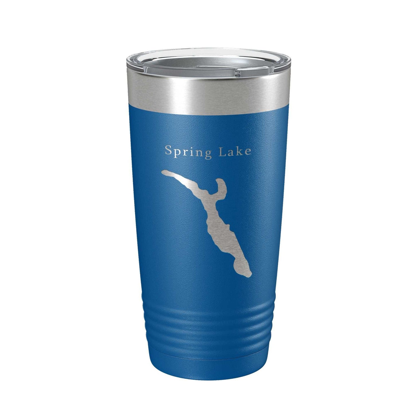 Blue stainless steel insulated travel mug with Spring Lake Divine Park map laser engraved and clear lid, 20 oz capacity