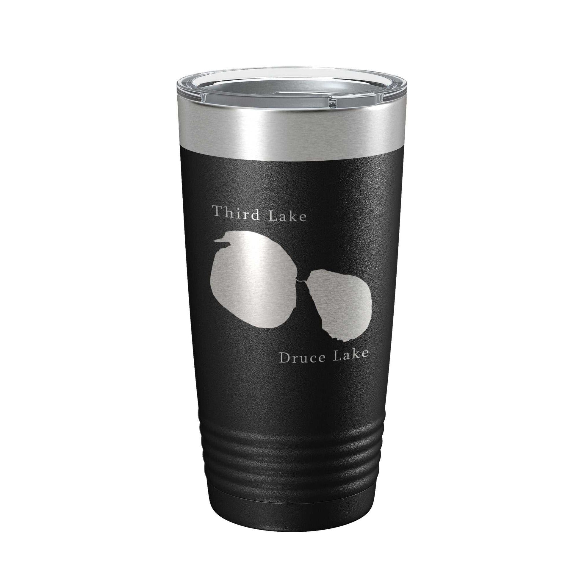 Black stainless steel tumbler with laser-engraved Third and Druce Lakes map, clear lid, and double-wall insulation.
