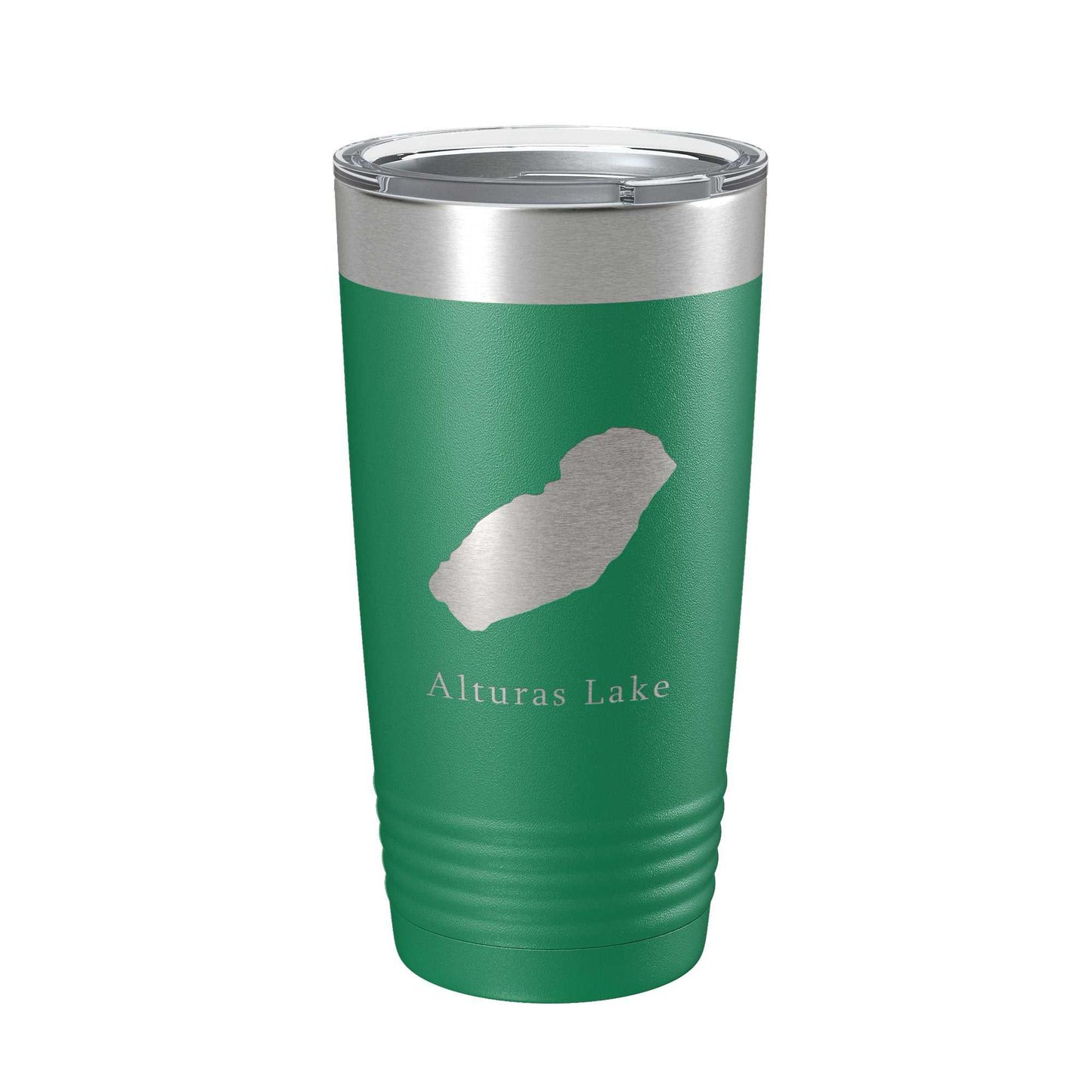 Green Alturas Lake Map Tumbler travel mug with laser engraved stainless steel design and clear lid, 20 oz insulated cup