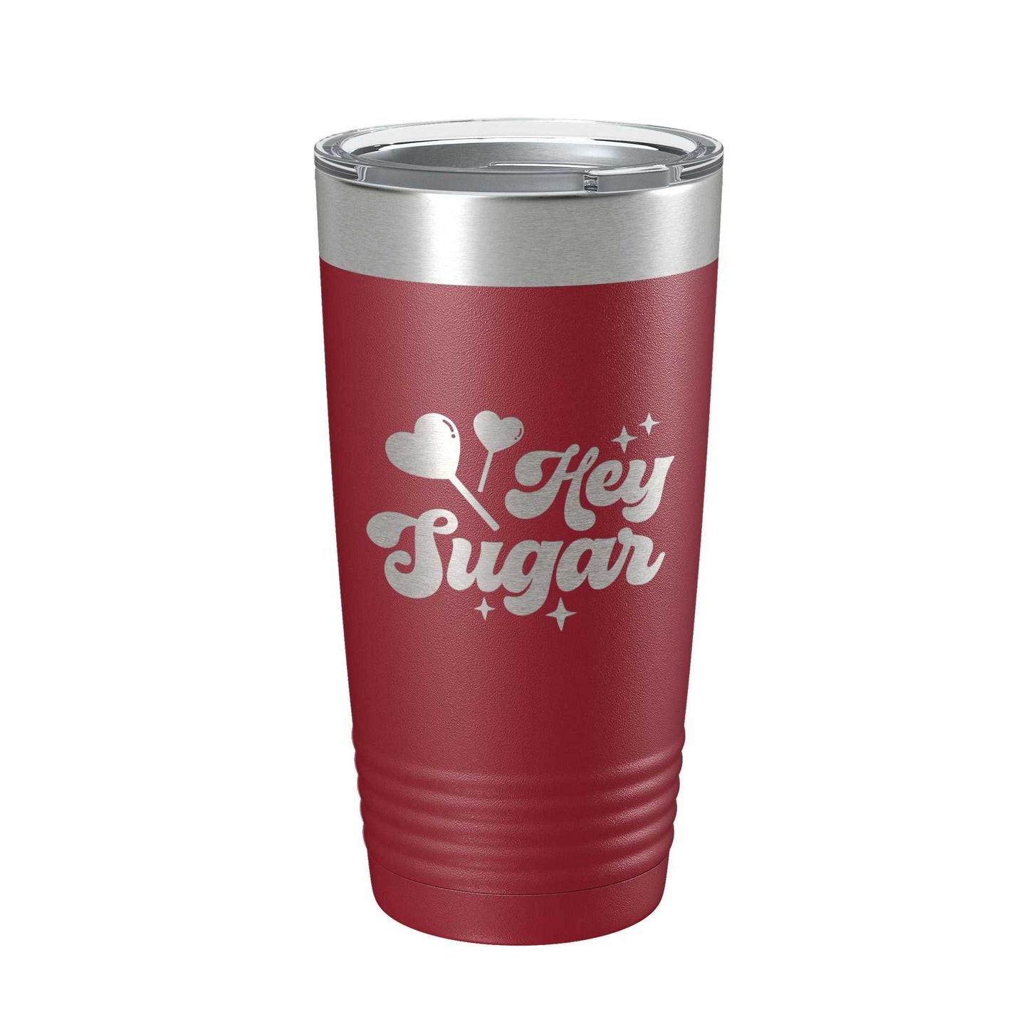 Red Hey Sugar Tumbler insulated travel mug with laser engraved design and clear lid, 20 oz capacity