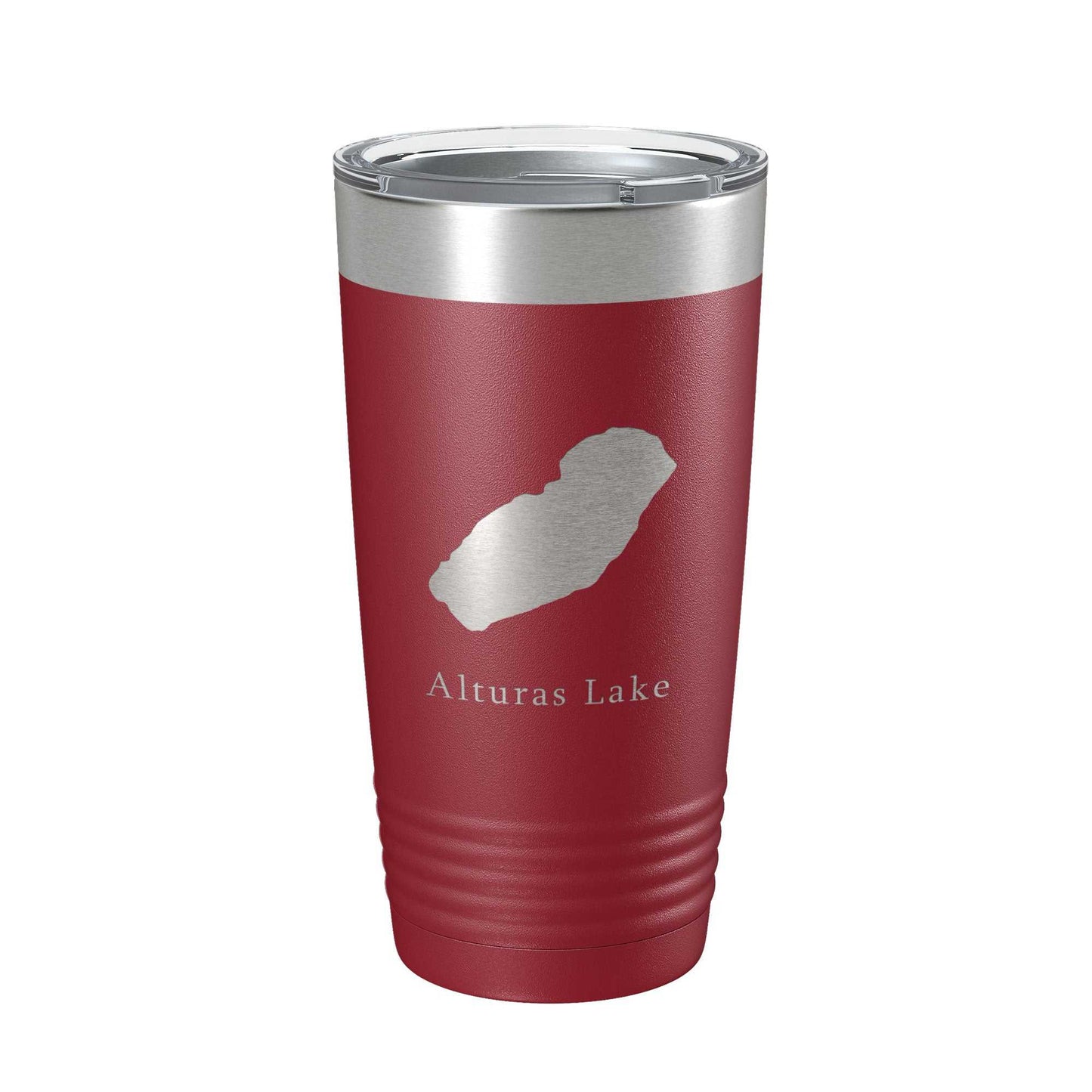 Alturas Lake Map Tumbler travel mug in red, laser engraved stainless steel, insulated coffee cup with clear lid, 20 oz capacity