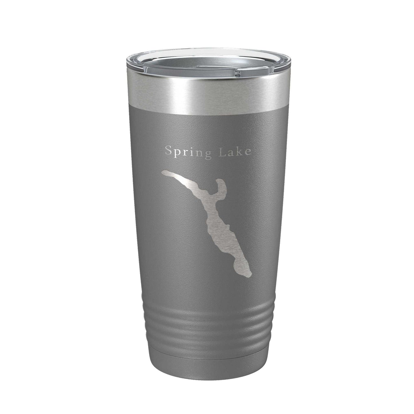 Gray stainless steel insulated travel mug with Spring Lake Divine Park map laser etched, clear lid, 20 oz capacity